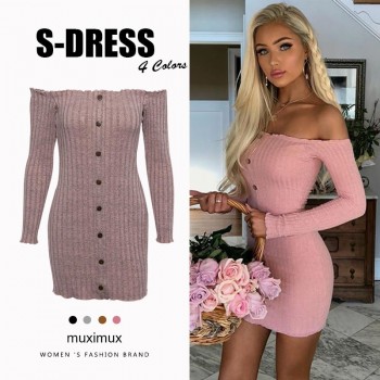 Women Knitted Dresses Autumn Sexy Bodycon Off Shoulder Long Sleeve Party Club Mini Dress Gray Black Pink Brown
